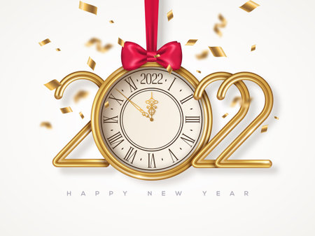 Merry Christmas and Happy New Year poster with gold clock face, confetti and 2022 numbers. Vector illustration. Holiday invitation template, flyer, brochure or voucher. Party countdown old watch.のイラスト素材