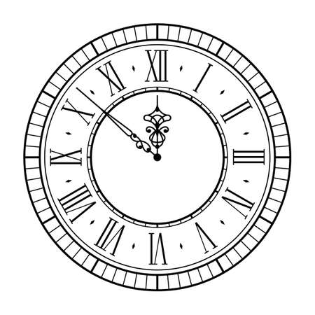 Elegant classic black wall clock with vintage hour hand isolated on white background. Vector illustration. Roman numeral watchのイラスト素材