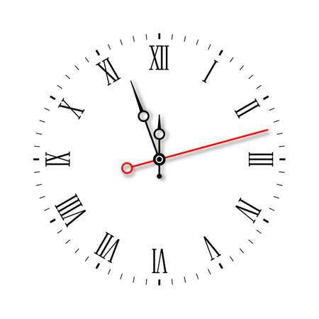 Modern elegant black wall clock face with red second hand isolated on white background. Vector illustration. Roman retro vintage numeral watchのイラスト素材