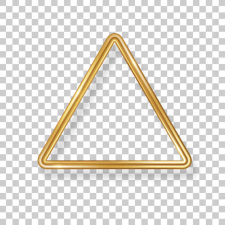 Triangle luxury 3d gold frame isolated on transparent background. Vector illustration. Hipster retro party design label, New Year badge, golden metal logo, geometric element, outline warning signのイラスト素材