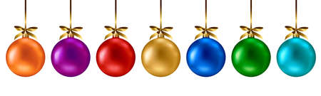 Color rainbow balls set isolated on white background. Vector illustration. Merry Christmas and Happy New Year 2022 sphere decorations hanging with gold ribbon bow. Holiday Xmas toy bauble fir treeのイラスト素材