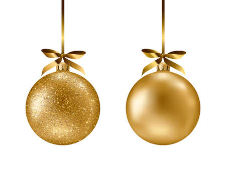 Golden ball set isolated on white background. Vector illustration. Merry Christmas and Happy New Year 2022 sphere decoration hanging with gold ribbon bow. Holiday Xmas toy bauble for fir treeのイラスト素材