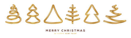 Merry Christmas 3d Gold Pine Fir Trees Icons Set in Modern Line Style isolated on white background. Vector Illustration. Season Greetings abstract simple logo symbols collection. Happy New Year 2022のイラスト素材