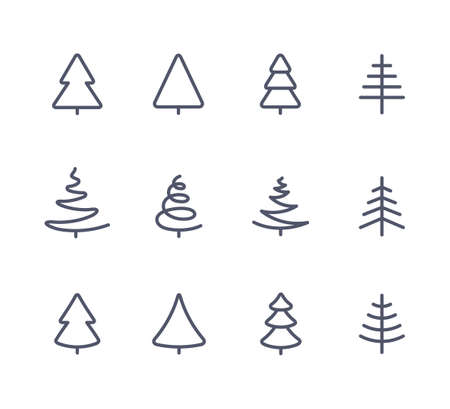 Merry Christmas Black Fir Trees Icons Set in Modern Style isolated on white background. Vector Illustration. Season Greetings winter simple logo collectionのイラスト素材