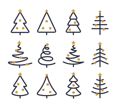 Merry Christmas Gold and Black Fir Trees Icons Set in Modern Style isolated on white background. Vector Illustration. Glitter Sequins Texture. Season Greetings symbolのイラスト素材