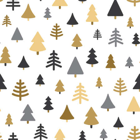 Winter abstract forest, fir tree seamless pattern in scandinavian style. Vector illustration. Happy New Year 2022 and Merry Christmas texture. Gold and black pine geometric icons gift wrappingのイラスト素材