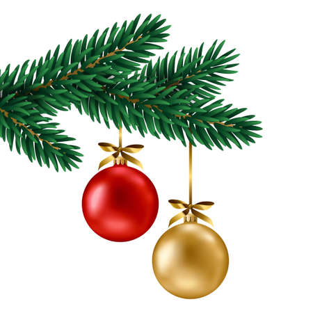 Fir tree branch with red and gold balls hanging, isolated on white background. Vector illustration. Merry Christmas and Happy New Year 2022 corner border frame for card, banner, flyer, party posters.のイラスト素材