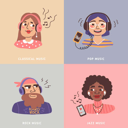 People listen music with headphones. Vector illustration. Happy young woman and man use earphones and smartphones audio players. Cartoon face portrait set isolated, characters enjoy soundのイラスト素材