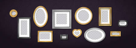 Set of vintage 3d photo frames on retro dark wallpaper. Vector illustration. Realistic gold, silver and black picture box, circle, oval and square shapes. Empty blank template, home interior decorのイラスト素材