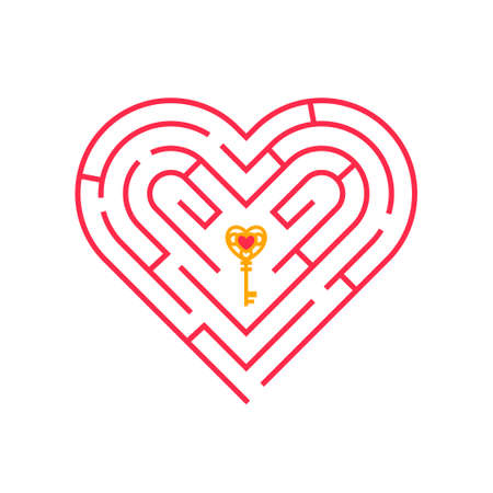 Heart shape pink maze concept icon with golden key. Vector illustration. Find path or way to soul, symbol of love Happy Valentines dayのイラスト素材