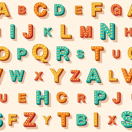 Cute English retro 3d alphabet seamless pattern. Vector illustration. Uppercase colorful letters for kids print, school carnival party, typography vintage backgroundのイラスト素材