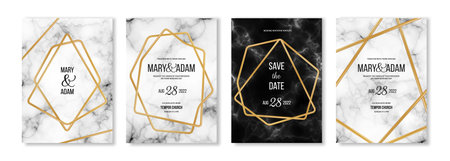 Elegant wedding invitation cards set template with marble texture and gold frame elements. Vector illustration. Save the date modern design with geometric borders, art deco luxury styleのイラスト素材