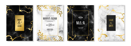 Elegant wedding invitation cards set template with marble texture and gold frame elements. Vector illustration. Save the date modern floral design with leavesのイラスト素材