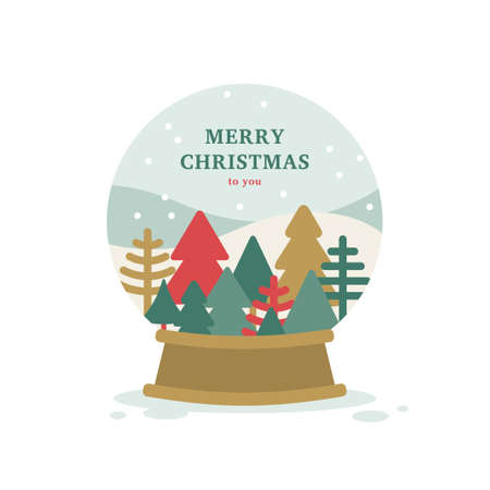 Merry Christmas snowball flat icon, minimal poster postcard design. Vector illustration. Snowglobe decoration isolated on white background, glass ball with winter forest, fir tree landscape inside.のイラスト素材