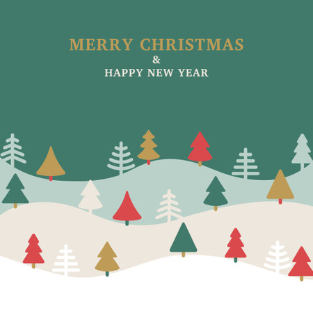 Winter snowy landscape with Christmas fir tree flat icons, vector illustration. Happy New Year 2022 woods poster. Red, gold and green pine in snowdrifts, geometric forest wallpaper, place for textのイラスト素材