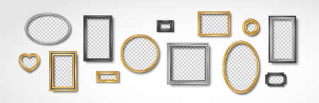 Set of vintage 3d photo frames on white wall. Vector illustration. Realistic gold, silver and black picture boxes, circle, oval and square shapes. Empty blank mockup template, home interior decorのイラスト素材