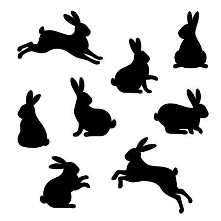 Rabbit silhouette black icons set isolated on white background. Vector illustration. Hare symbol for Happy Easter or Mid Autumn festival. Collection of bunny in various posesのイラスト素材