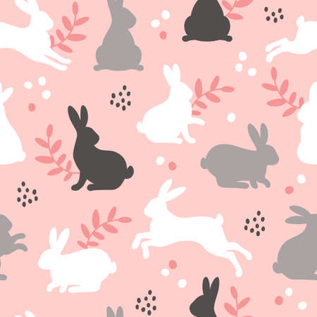 Seamless Pattern with bunny rabbits, dots and floral element on pink background. Vector illustration. Happy Easter egg hunt textureのイラスト素材
