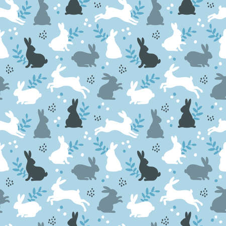 Seamless Pattern with bunny rabbits, dots and floral element on blue background. Vector illustration. Happy Easter egg hunt textureのイラスト素材