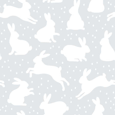 Seamless Pattern with cute bunny rabbits and dots on gray background for kids. Vector illustration. Happy Easter wallpaper. Abstract art print.のイラスト素材
