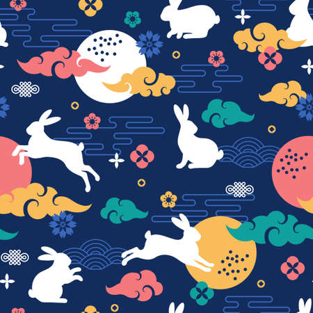 Seamless Pattern with Rabbit, Oriental Flowers, Full Moon and Asian Clouds on Night Blue Background for Chuseok Festival. Vector illustration. Happy Mid Autumn texture.のイラスト素材