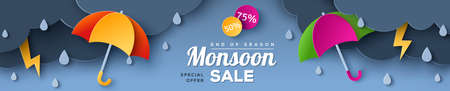 Monsoon sale offer banner template with paper cut clouds and colorful umbrella on blue background. Vector illustration. Place for text. Overcast sky with rain, thunderstorm, thunder and lightning.のイラスト素材