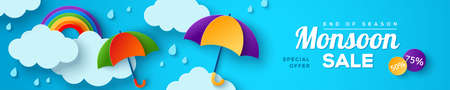 Monsoon sale offer banner template with paper cut clouds, rainbow and colorful umbrella on blue background. Vector illustration. Place for text. Overcast sky with rainのイラスト素材