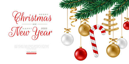 Merry Christmas and Happy New Year poster with spruce tree branch and hanging golden red balls and candy cane on white background. Vector illustration. Brochure voucher cover and Invitation Template.のイラスト素材