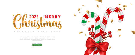 Merry Christmas and Happy New Year poster or banner with candy cane and red ribbon bow, golden confetti on white background. Vector illustration. Brochure voucher cover and gift card concept templateのイラスト素材