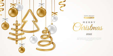 Merry Christmas and Happy New Year 2022 poster with hanging gold 3d baubles. Vector illustration. Winter holiday invitation with geometric decoration. Golden and white balls, spiral cone treeのイラスト素材