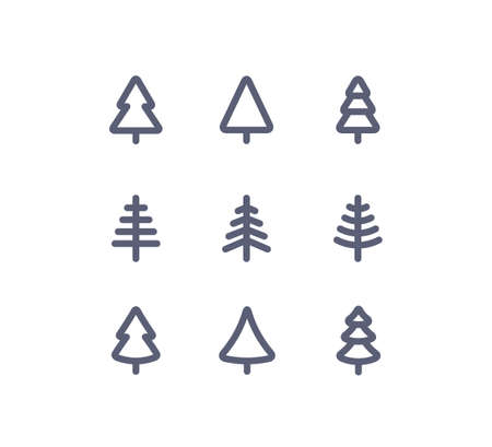 Merry Christmas Black Fir Trees Icons Set in Modern Line Style isolated on white background. Vector Illustration. Season Greetings winter simple symbols collectionのイラスト素材
