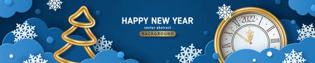 Happy New Year 2022 and Merry Christmas banner or party invitation background with paper clouds, fir tree, snowflakes and gold clock. Vector illustration. Place for text. Blue origami promo headerのイラスト素材