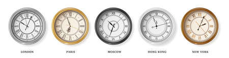 Set of vintage retro 3d wall clock for time zones different cities, London, Moscow, Paris and Hong Kong. Vector illustration. Business metal watch face iconのイラスト素材