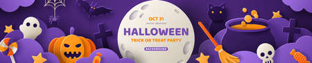 Happy Halloween banner with fog clouds and paper cut pumpkins. Vector illustration. Place for text. Sale header or voucher template with full moon frame, witch cauldron, spiders web and flying bat.のイラスト素材