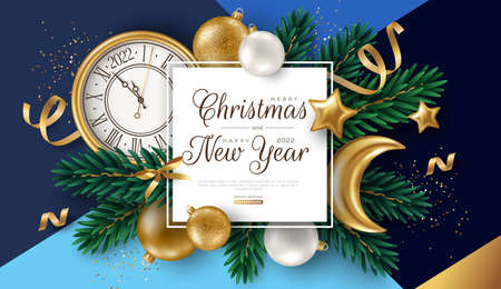 Christmas background with gold baubles, fir tree branches, moon and clock face. Vector illustration. Square frame, place for text. Winter holiday template design for poster, flyer, brochure, voucherのイラスト素材