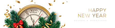 Merry Christmas and Happy New Year 2022 Banner with Xmas Tree Branches and Golden Clock Face on White Background. Vector illustration. Winter holiday template design, header, poster, sale voucherのイラスト素材