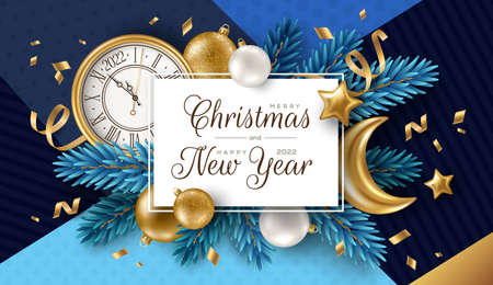 Christmas background, gold baubles, blue fir tree branches, moon and clock face. Vector illustration. Square frame, place for text. Winter holiday template design.のイラスト素材