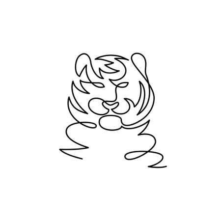 Line art tiger character, Chinese New Year 2022 zodiac symbol. Vector illustration. Hand drawn wild animal face for minimal shape poster design, simple linear stylized tattooのイラスト素材