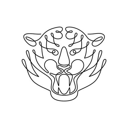 Line art tiger character, Chinese New Year 2022 zodiac symbol. Vector illustration. Hand drawn wild animal face for minimal poster design, simple linear stylized tattooのイラスト素材