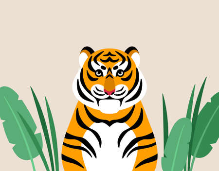 Savage tiger with tropical leaves. Vector illustration. Chinese New year 2022 symbol. Indian or...