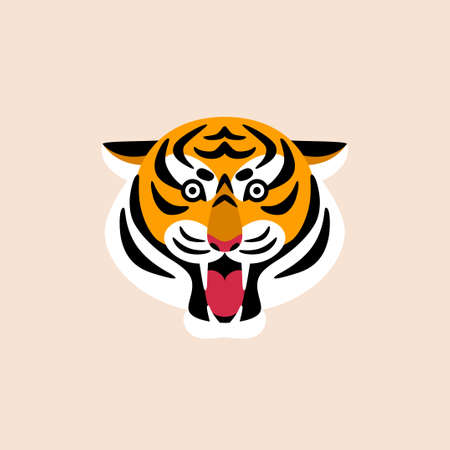 Cartoon roar tiger head icon, Chinese new year 2022 symbol. Vector illustration.のイラスト素材