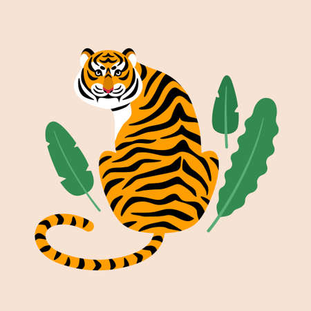 Savage tiger with tropical leaves. Vector illustration. Chinese New year 2022 symbol. Indian or african wild cat cartoon poster.のイラスト素材
