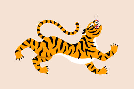 Roar tiger flat icon. Vector illustration. Chinese New year 2022 symbol. Indian or african angry wild cat, cartoon poster.のイラスト素材