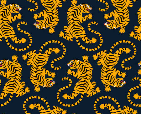 Seamless exotic pattern with cartoon roar tiger silhouette on black background. Vector illustration. Circus animal fabric ornament print.のイラスト素材