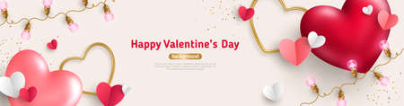 Happy Valentines Day header or sale banner. 3d red heart balloons, gold metal shapes, confetti and light bulbs on bright background. Gift card, voucher design, poster template, place for textのイラスト素材