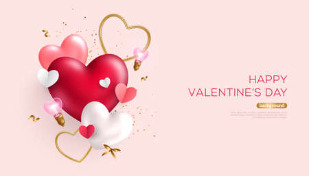 Happy Valentines Day banner with 3d red heart balloons, gold metal shapes and light bulbs on pink background. Gift card, love party, invitation voucher design, poster template, place for textのイラスト素材