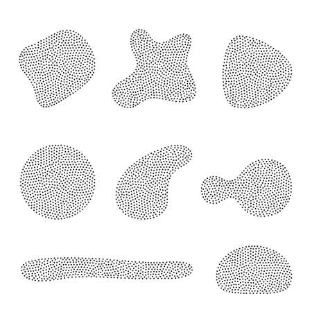 Set of organic and geometric shapes with dots texture. Vector illustration. Trendy halftone pattern forms isolated on white background. Fluid liquid black figure art for contemporary poster designのイラスト素材