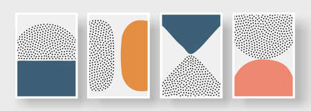 Contemporary posters set with triangle and round shapes, dots texture. Vector illustration. Modern boho minimalist art with geometric flat forms. Abstract nature balance, minimal sea water and earthのイラスト素材