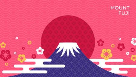 Mount Fuji at sunset. Japanese greeting card or banner with geometric pattern. Happy New Year 2022. Clouds and Flowers in Modern flat style.のイラスト素材