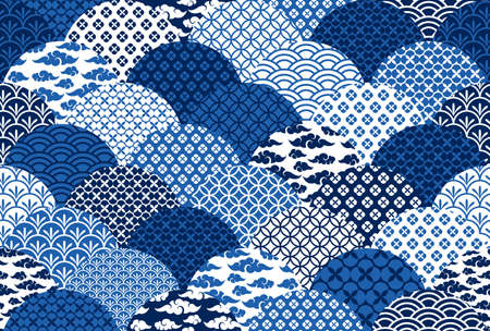 Chinese traditional oriental ornament, white and blue background. Vector illustration. Geometric fashion wave seamless pattern in China style. Asian clouds and flowers modern ornate shapesのイラスト素材